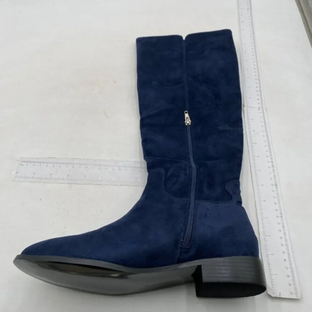 Blue Womens Almond Toe Knee High Boots with Partial Zippers Stretchy Long Boot